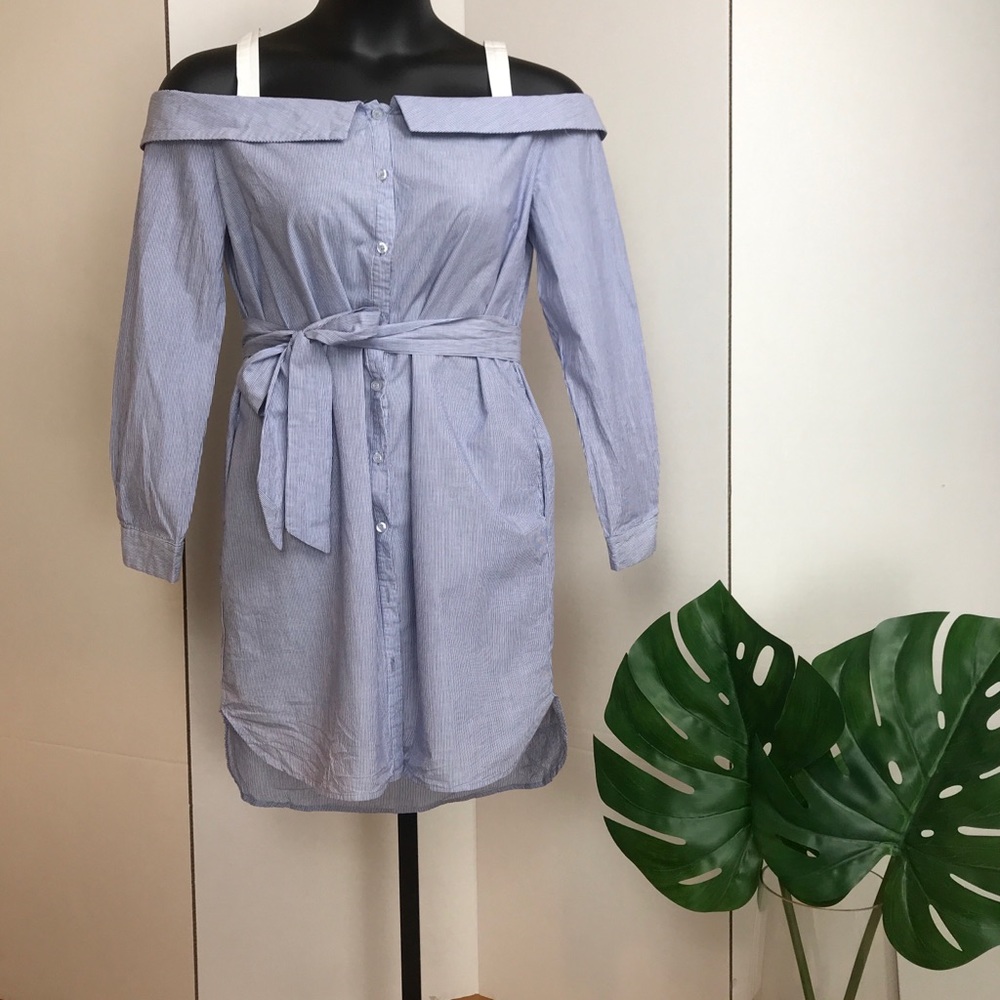 Striped button up off the shoulder shirt dress